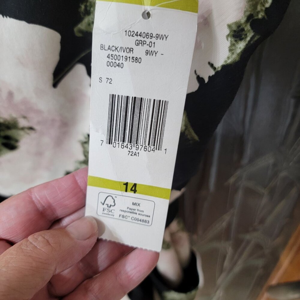 Nine West Black & Ivory Floral Print Dress Asymmetrical Neckline Size 14 - Picture 4 of 5